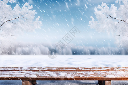 冬季雪中的木质桌面图片