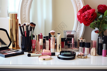 堆满化妆品的化妆桌高清图片
