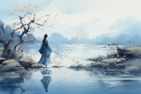 中式艺术湖边的女子图片