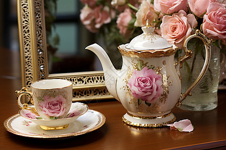 精致花纹的茶具背景图片