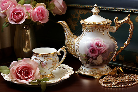 欧式花纹精致的古典茶具背景