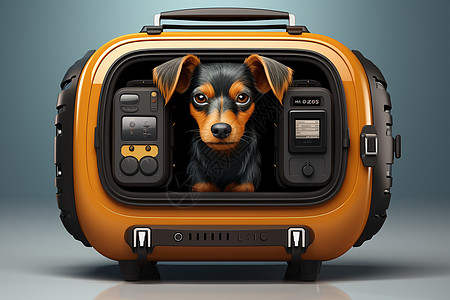 宠物航空箱中的黄色狗图片