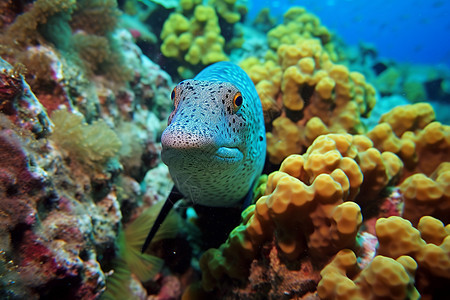 蓝鱼在海洋珊瑚礁上自由游动图片