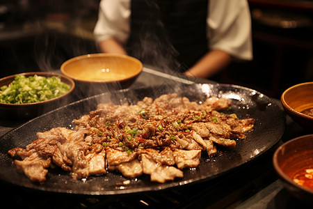 回锅肉炒饭美味的铁板烧背景