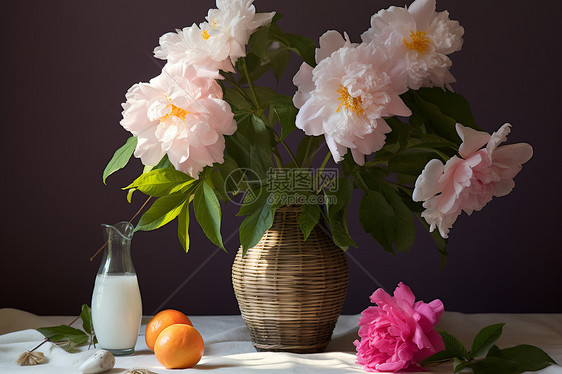 木制花瓶中的花朵图片