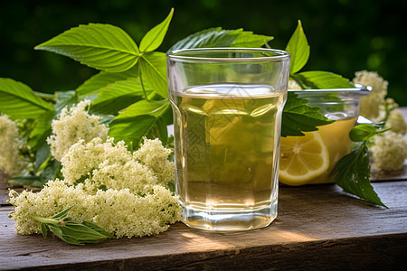 桌子上杯子里的茉莉花茶图片