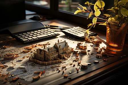 办公桌上的建筑模型图片