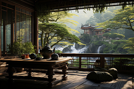 竹林中的茶馆茶室背景图片