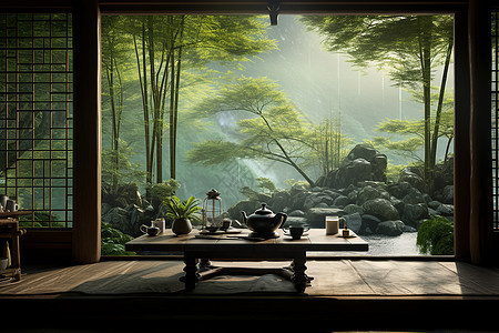 山谷中幽静的茶馆背景图片