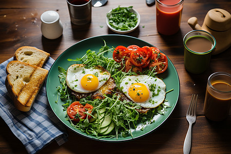 健康的蔬菜沙拉和煎蛋图片