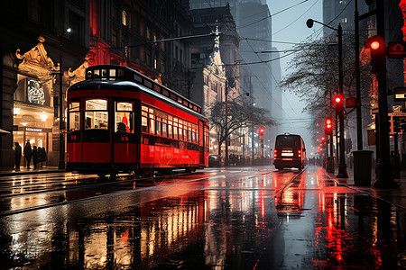 下雨时的街道电车图片