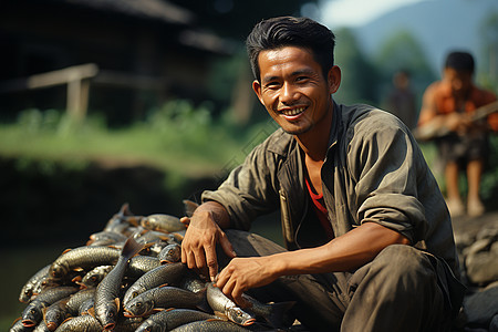 丰收鱼获的渔民图片