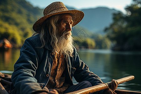 河中捕鱼的渔民图片