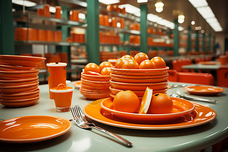 桌面上的橙色餐具图片