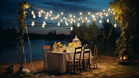 浪漫的桌椅和灯具图片