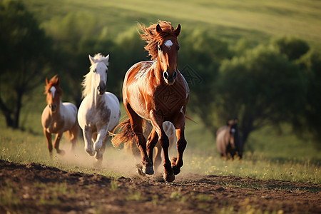 草地奔跑在草地上奔跑的马群背景
