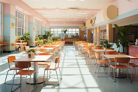 学校餐厅内的桌椅背景图片