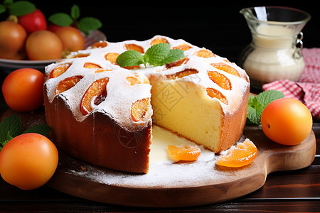 餐桌上的桃子奶油蛋糕图片