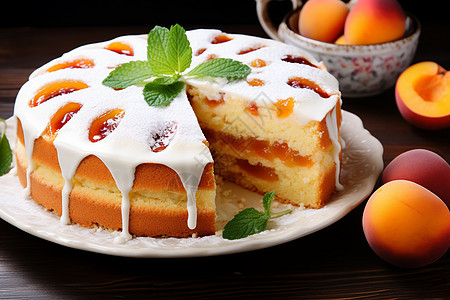 新鲜烘焙的桃子奶油蛋糕图片