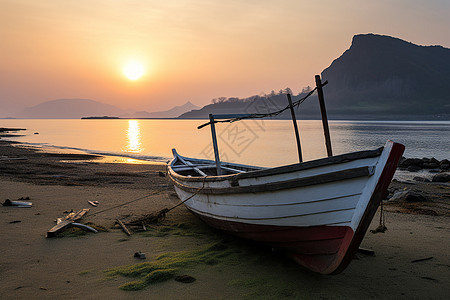 夕阳倾斜，海岸边停着一艘小船图片