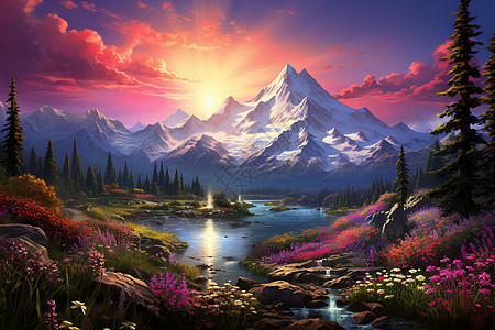 山脉的日落风景图片