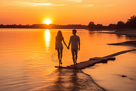 沙滩夕阳下的散步情侣背景图片
