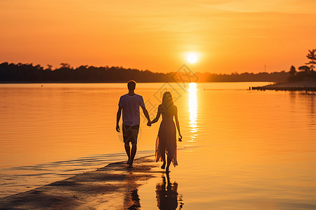 情侣浪漫游夕阳沙滩的手牵手情侣背景