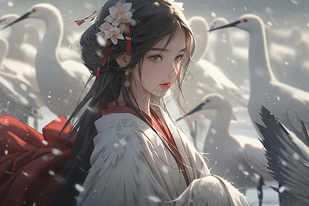 卡通风格的白鹤少女背景图片
