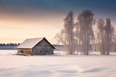冬季白雪覆盖的森林农舍景观图片