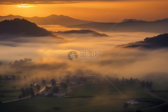 日出迷雾笼罩的山谷景观图片