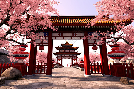 桃花树中的中式宫殿图片