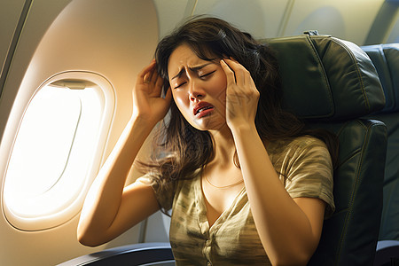 飞机飞行中头疼的女子图片