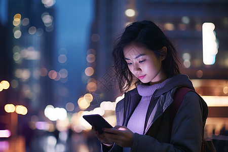 夜晚女子注视手机图片