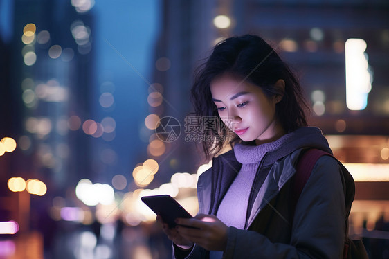 夜晚女子注视手机图片