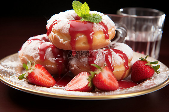 餐盘中的草莓甜甜圈图片