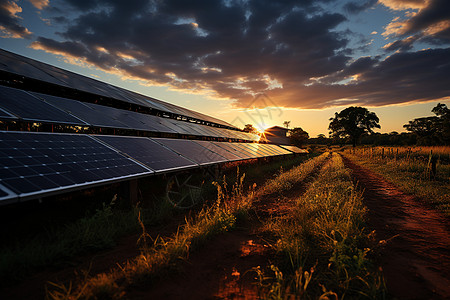 太阳能水泵夕阳下的太阳能光伏板背景