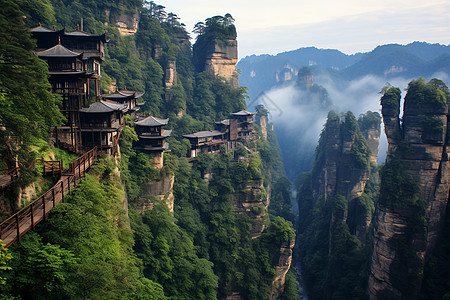 张家界的山悬崖上的古典建筑背景