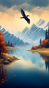 秋季静谧的山间湖泊景观图片