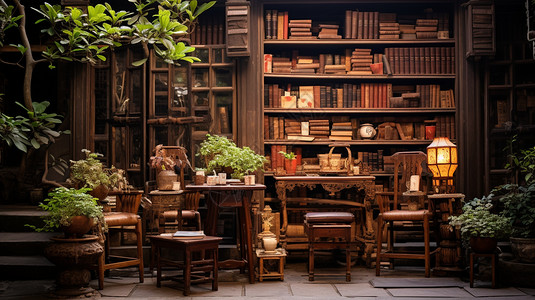古色古香的木质书房背景图片