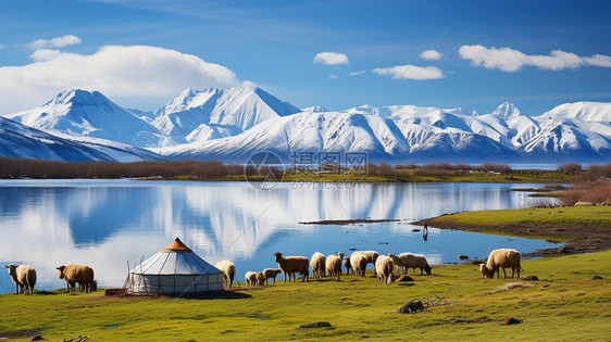 雪山下辽阔的湖泊景观图片