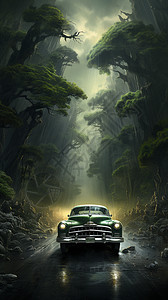 朦胧林间小路上的汽车背景图片