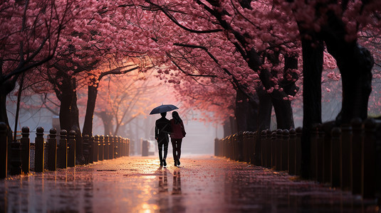 樱花树下散步的情侣图片