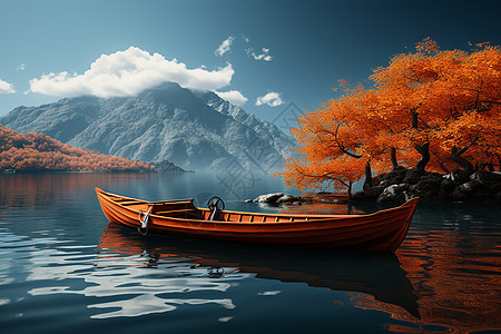 秋日湖面漂浮的船图片