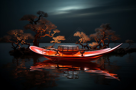 夜晚水面橘色的船只图片