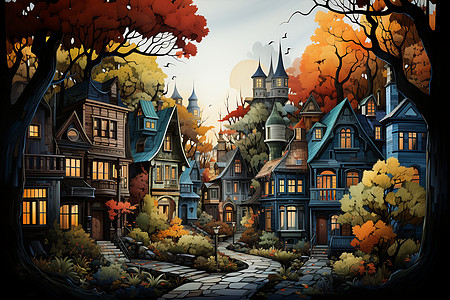 漫画风格的小镇背景图片