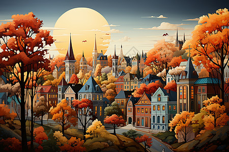 秋天色彩的小镇图片