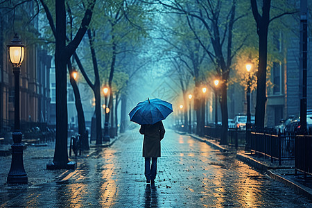 蓝雨中的孤寂街景图片