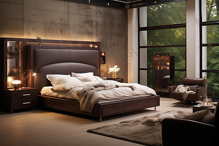枕头广告窗外森林的大床卧室背景