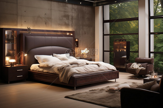 窗外森林的大床卧室图片