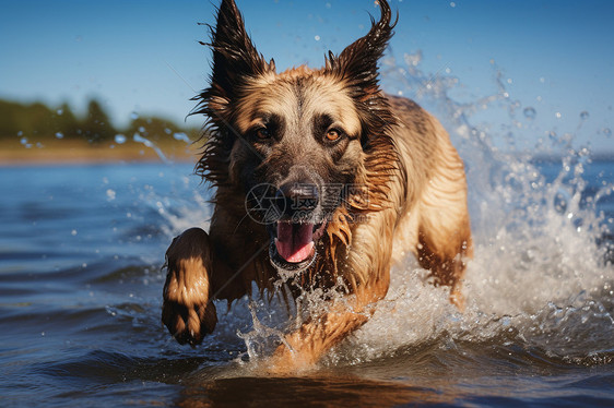 水中奔跑的狗图片